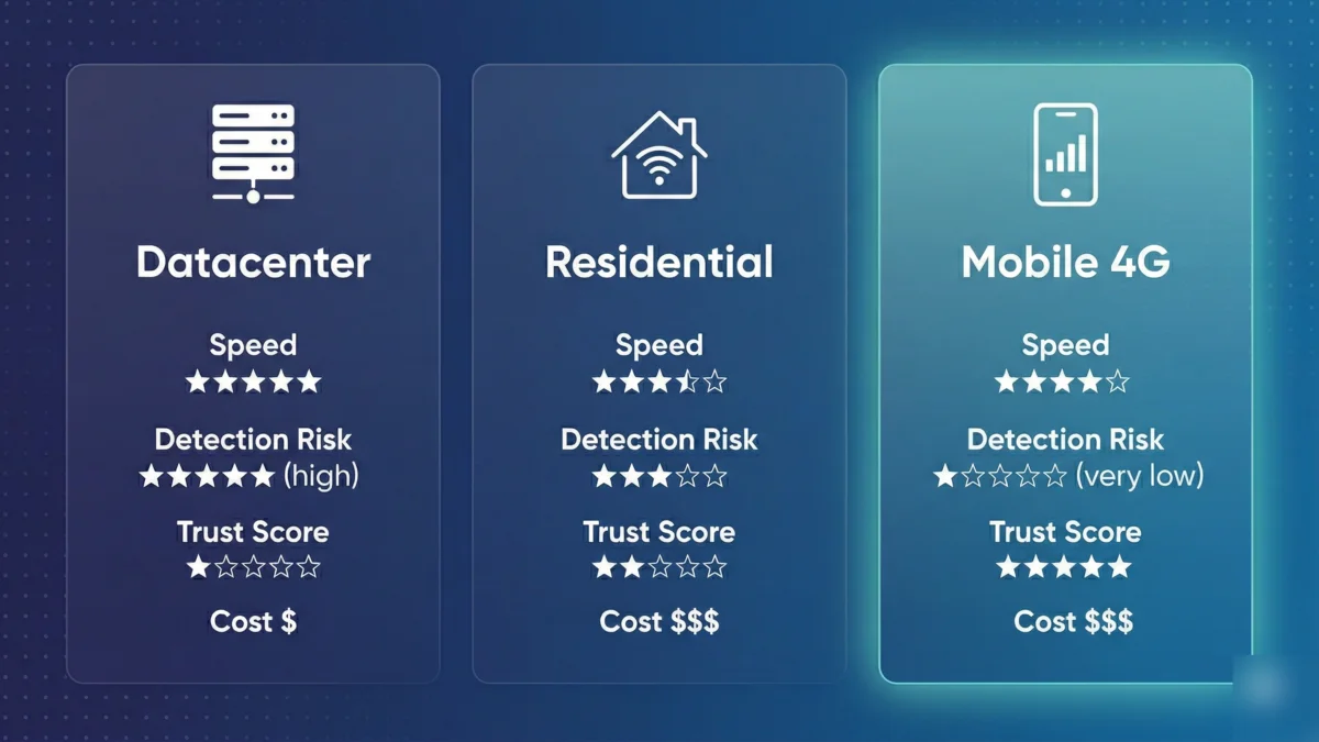 Comparison of Datacenter, Residential, and Mobile 4G proxies
