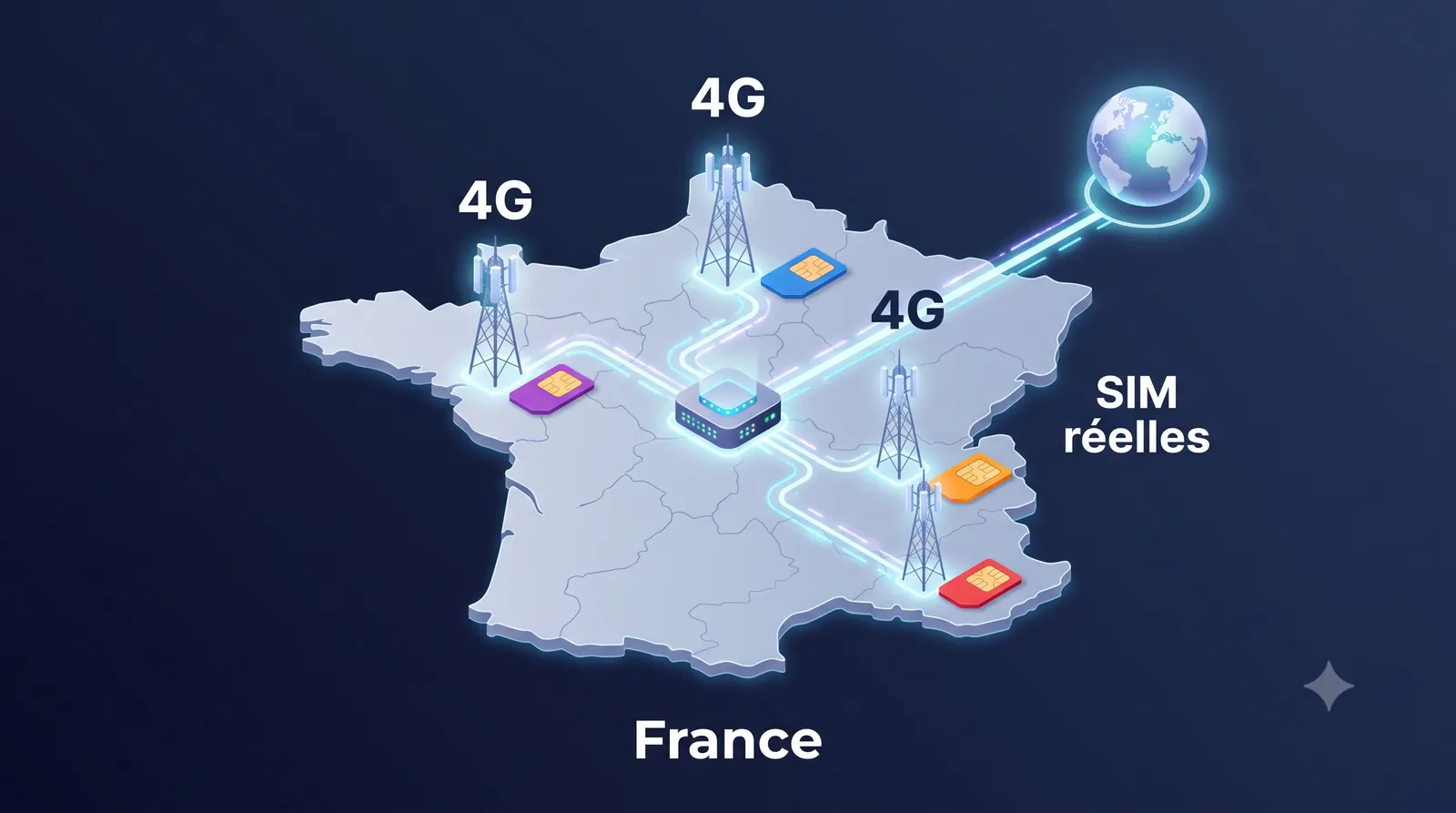 Map of France with four 4G towers and Orange, SFR, Free and Bouygues SIM cards linked to a central proxy server.